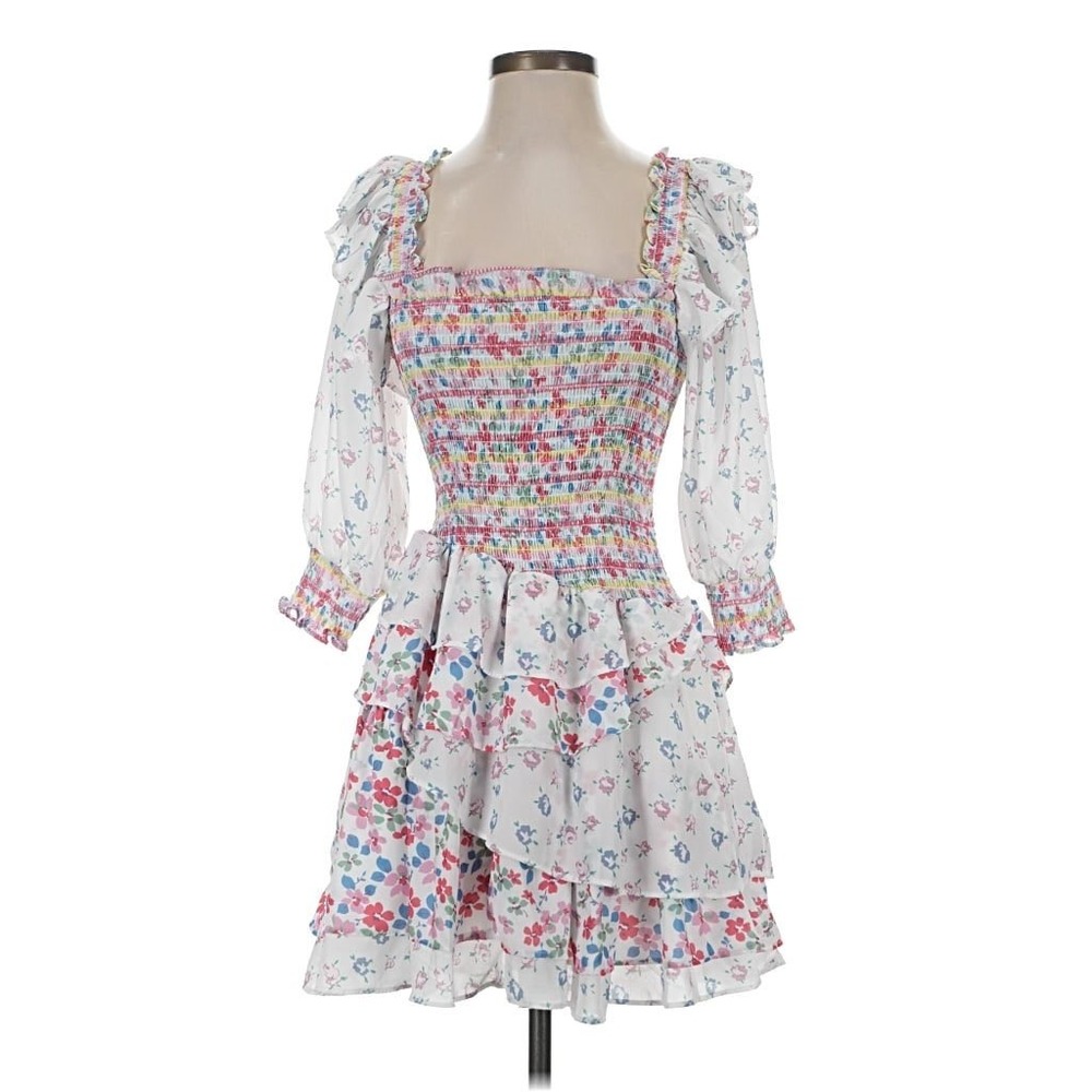 Floral Smocked‎ Tiered Mini Dress White Multi Medium
